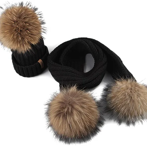 FURTALK Kids Winter Warm Chunky Thick Knit Beanie Hats and Scarves Real Fur Pompom Hat Scarf Set for Child Ages 2-10 - Цвет: black