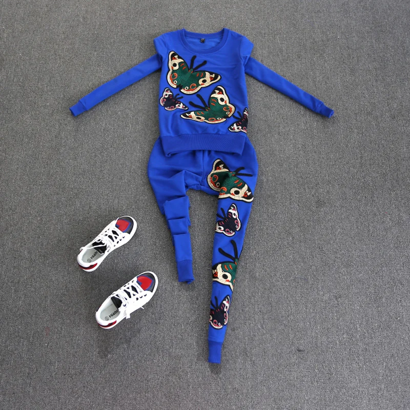 lady butterfly pant suit spring casual 2 piece set women's embroidery shirt top+pants | Женская одежда
