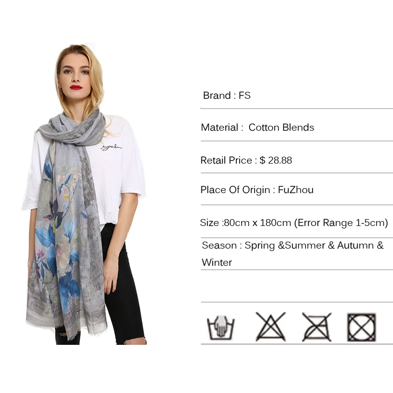 Женские Длинные хлопковые шарфы FS Foulard шарф большого размера с цветочным принтом