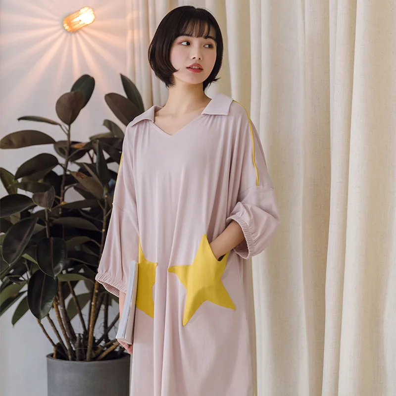 New Stars Nightgown Sleep Wear Blue Night Shirt Home Dress Blue Cotton Nightwear Women Plus Size Plain Nightdress Nighty