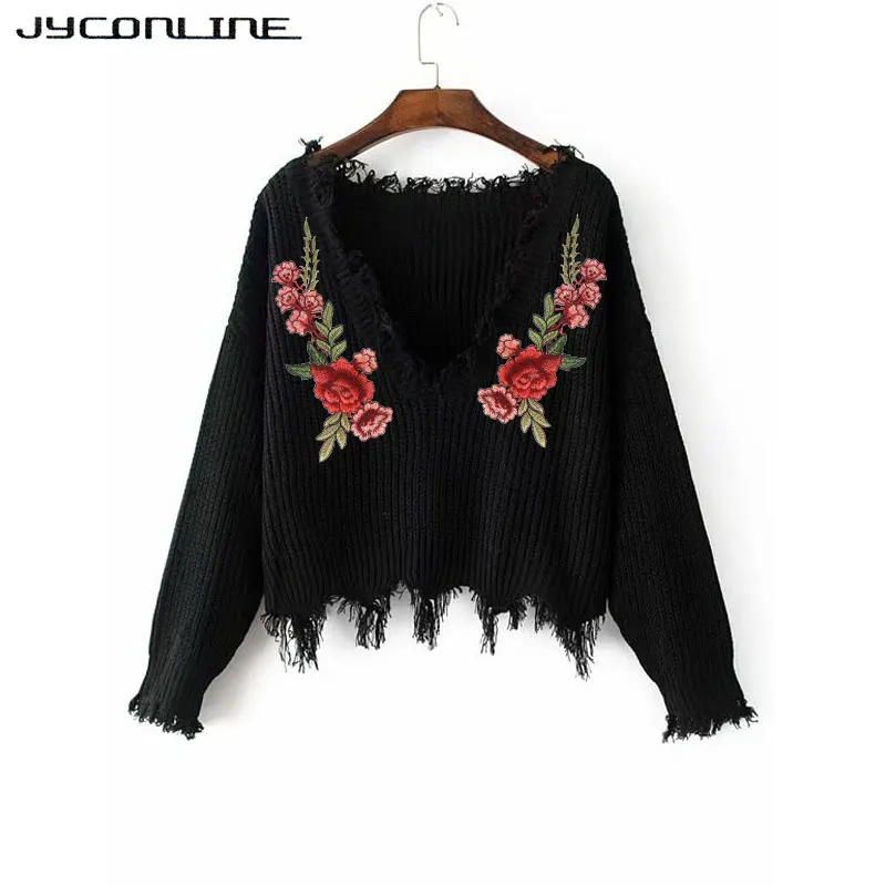 JYConline 2019 Autumn Sweater Women Embroidery Knitted Winter And Pullover Female Floral V Neck Pull Femme Jumper | Женская одежда