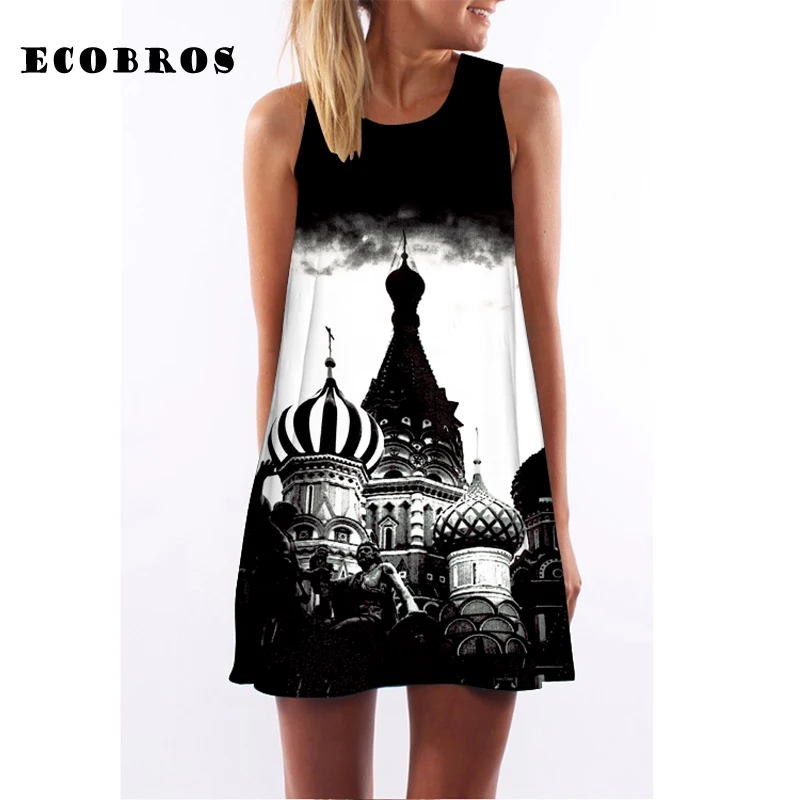 Женское платье без рукавов ECOBROS повседневное свободное выше колена с принтом