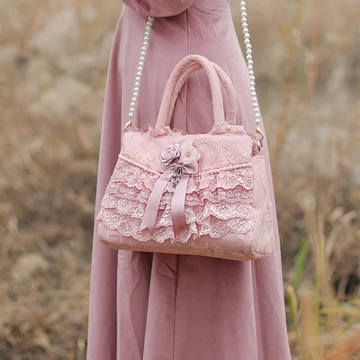 Pink pearl chain Женские сумки на плечо с кружевами, цветочные сумки Лолиты, женские сумки с галстуком-бабочкой для невесты, свадебные сумки ручной работы, готические винтажные вечерние сумки - Цвет: Pink pearl chain