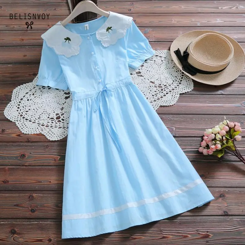 Платье женское короткое в японском стиле хлопково-льняной сарафан с цветочной