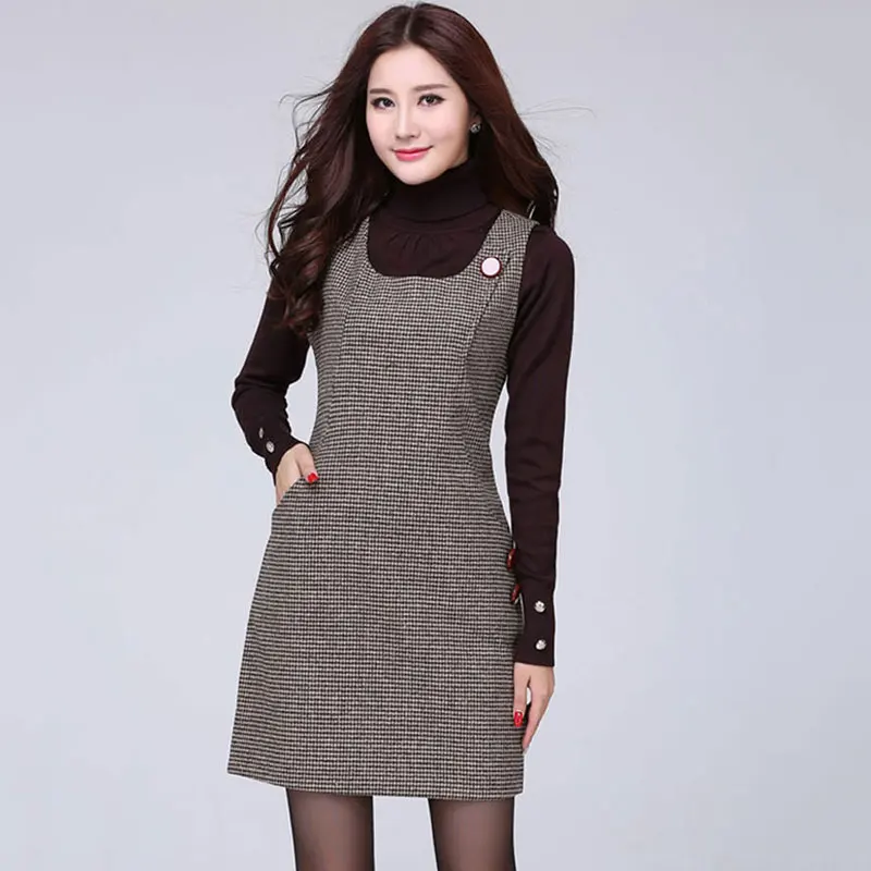 2018 Для женщин Демисезонный решетки шерстяное платье на бретелях Хаундстут