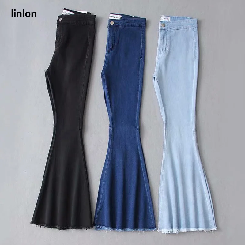 LINLON 2018 New Fashion Full-length Bell-Bottoms flare pants mid-waist light washed regular Spliced Trousers women jeans female |