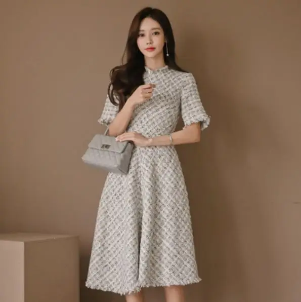 2019 Elegant Office Women Dress Tweed Vintage Short Sleeve Tassels Tunic Retro Lady Evening Party Midi Swing LM59 | Женская одежда