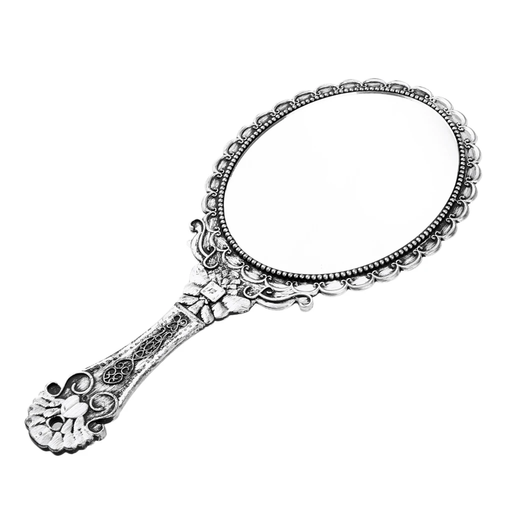 Antique Silver Античное винтажное пластиковое овальное ручное зеркало с ручкой, рельефное розовое дизайнерское зеркало для косметического макияжа, 250x115 мм - Цвет: Antique Silver