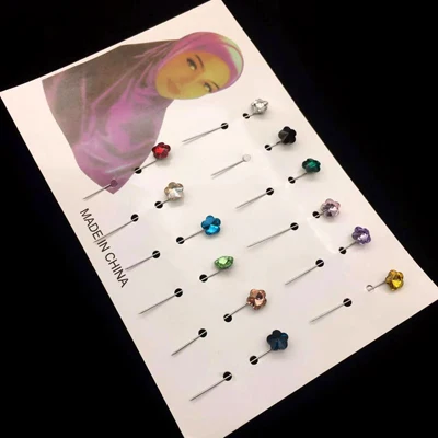 multicolor Новейшие хиджаб шпильки 12 шт. цветок кристалл Арабский мусульманский броши для хиджаба булавка для женщин защитная голова шарф шпильки серебро с булавкой - Окраска металла: multicolor