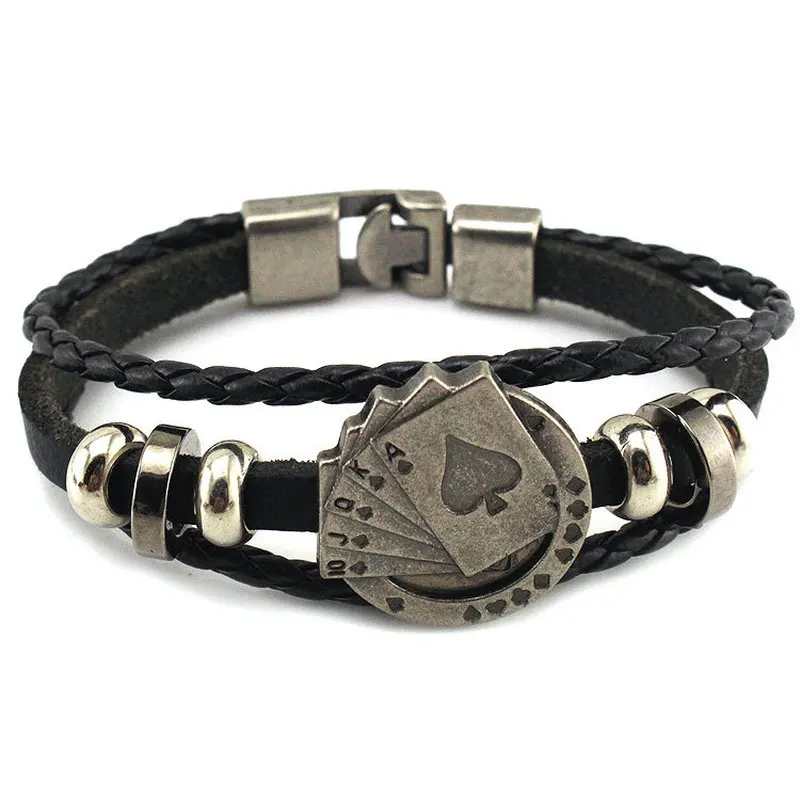 FIONTO Lucky Vintage Men's Leather Bracelet Playing Cards Raja Vegas Charm Multilayer Braided Women Pulseira Christmas Gifts | Украшения