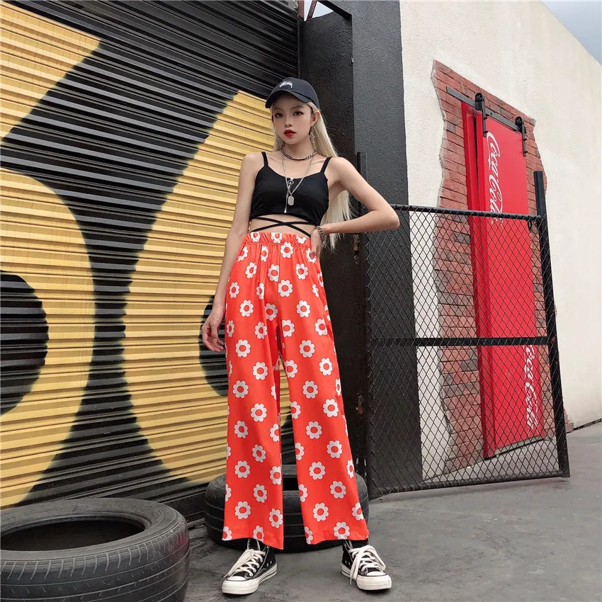 Оранжевый цвет: черный, синий с рисунком в виде ромашек и бандана Kawaii Boho строка Высокая талия карман свободного кроя в стиле «Лолита»; сезон лето брюки корейский брюки Харадзюку Для женщин Симпатичные