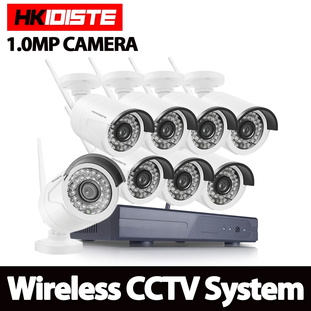 HKIXDISTE 8ch 720p Wifi NVR ТБ HDD с 8 шт. 1.0MP Водонепроницаемая ИК цилиндрическая Беспроводная