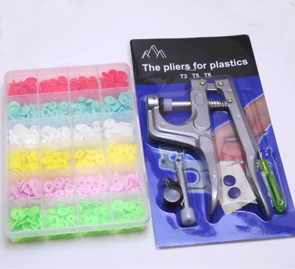 

Free Shipping 1 Set Snap Plier & 1 box of 120 Set T5 Snap button fastener plastic Resin Buttons hand press tool Pliers 005