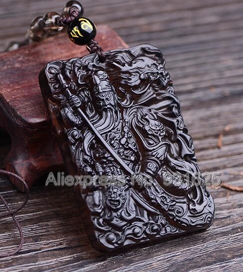Chinese Handwork Natural Ice Clear Obsidian Carved Blessing GuanGong Amulet Lucky Pendant + Beads Necklace Fashion Jewelry | Украшения и