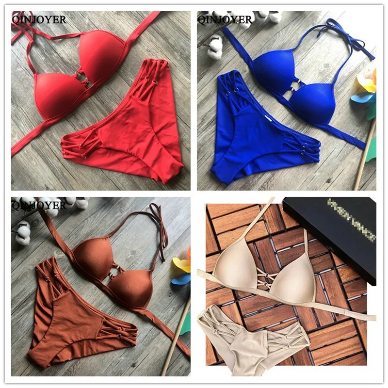 Женский купальник-бикини с пуш-ап черный купальный костюм треугольными