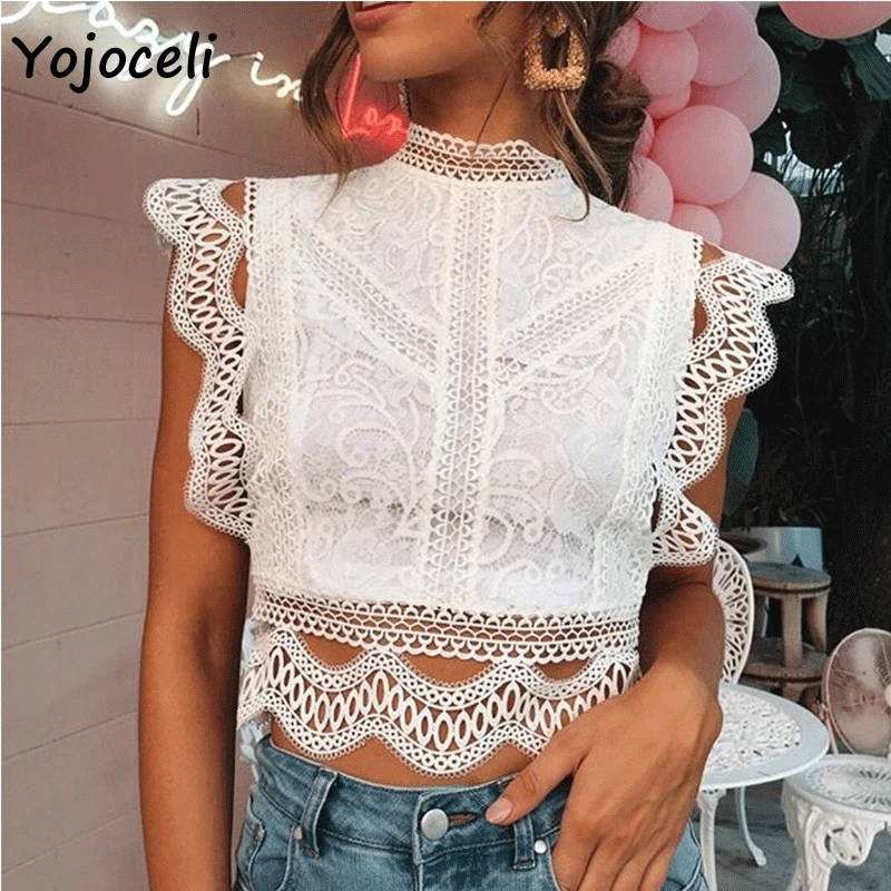 Женская кружевная блузка Yojoceli вечерние ажурные блузки для клуба повседневные
