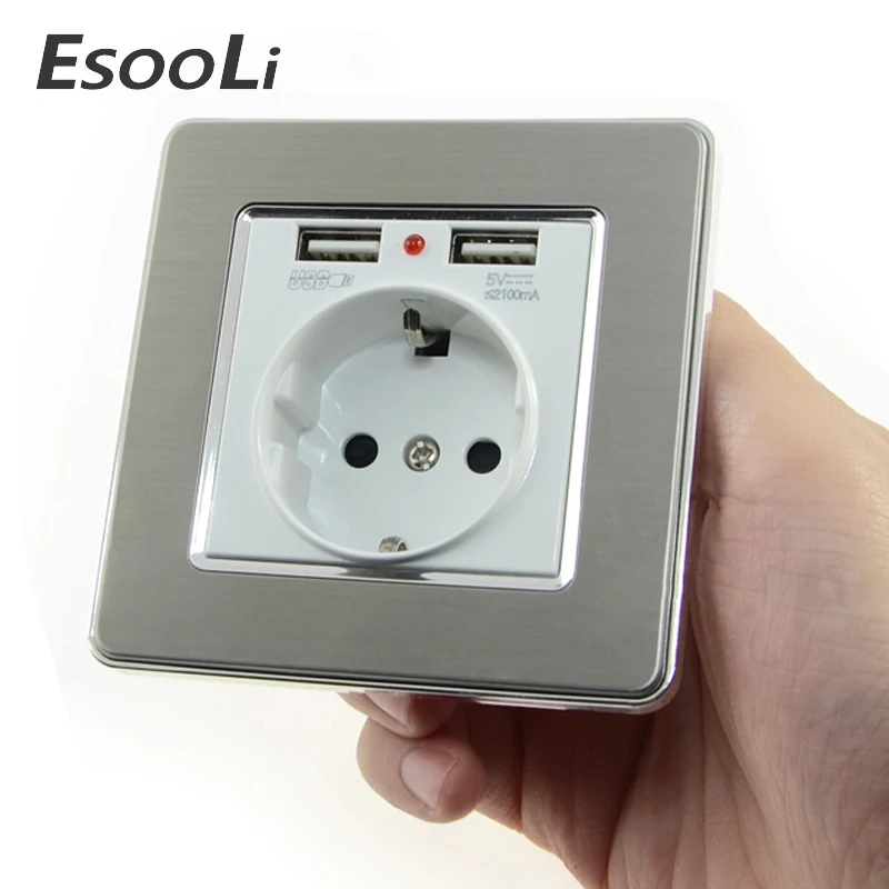 

EsooLi Wall Socket Power 16A EU Standard Outlet With 2A Dual USB Charger Port for Mobile Phone Stainless Steel USB Socket Power