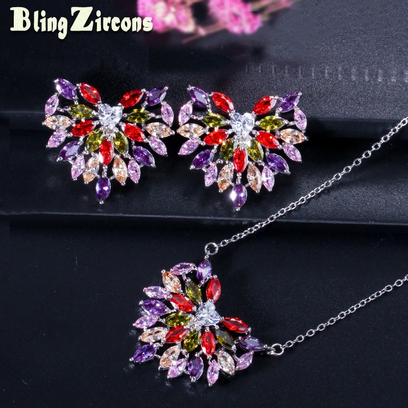 BeaQueen Colorful CZ Marquise Cut Big Heart Earrings Pendant Necklace Sets Cubic Zirconia Crystal Jewellry for Women JS077 | Украшения и