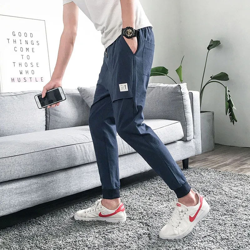 Брюки мужские из 100% хлопка и льна Модные Цветные повседневные штаны до щиколотки