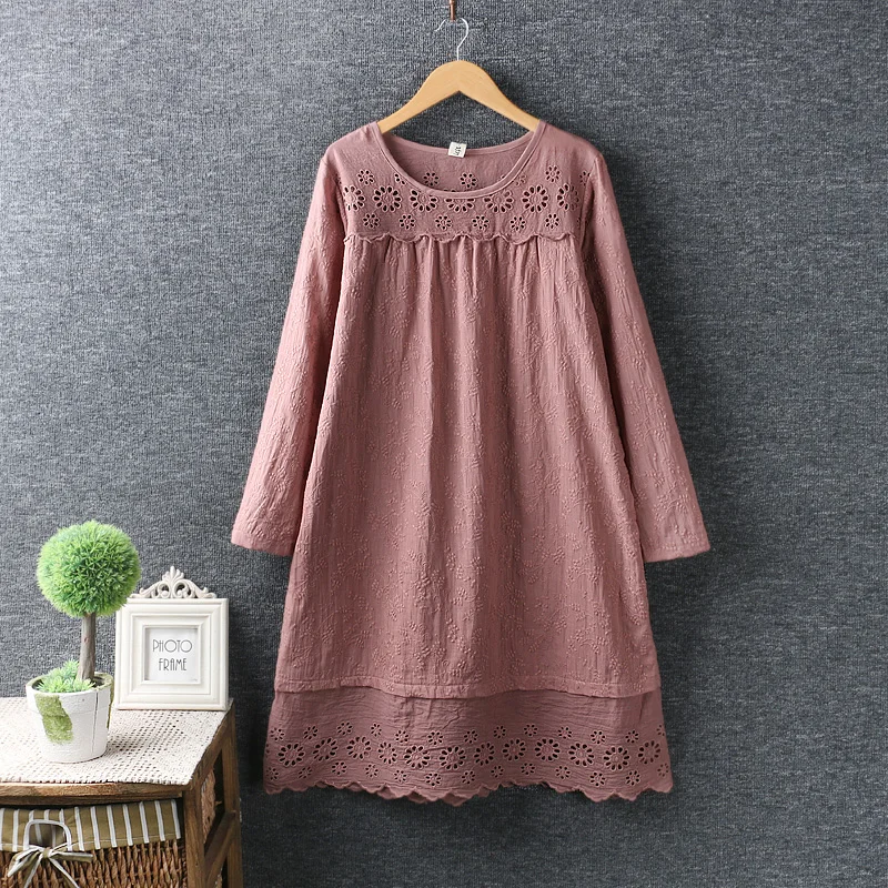 Кружево выдалбливают лоскутное вышивка хлопковое платье mori girl 2018 Весна|cotton dress|mori