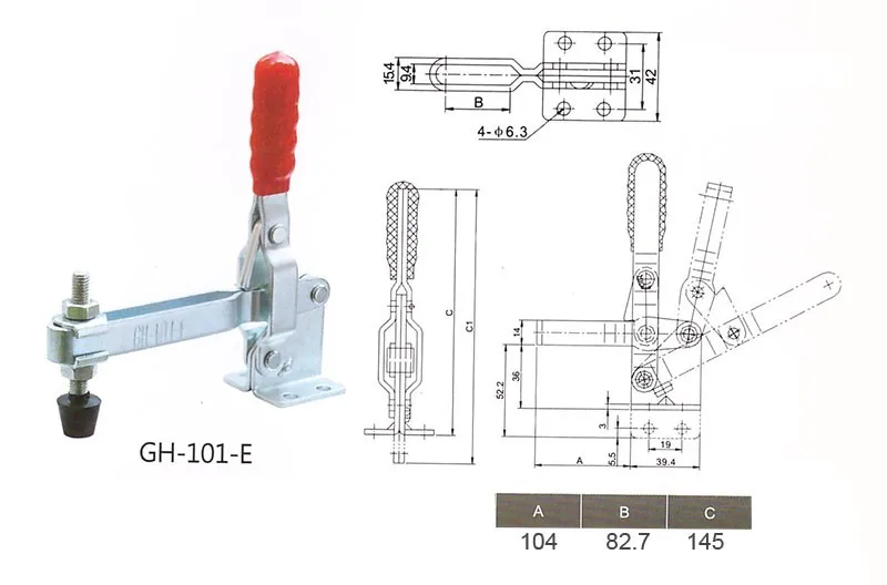 GH-101-E, вертикальная ручка, инструмент, тумблер, зажим, удерживающая способность, 180 кг, фланцевая база, прямая ручка, тумблер, Зажимная защелка