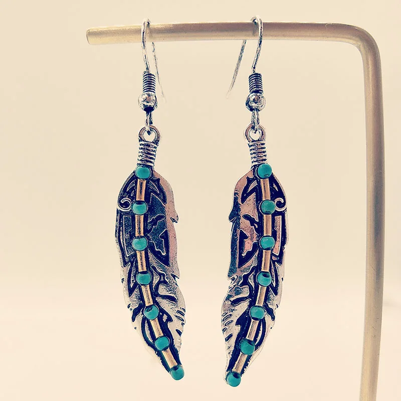 Винтаж Pendientes перо металла серьги Boho индийский голубых бусин в форме листьев Для