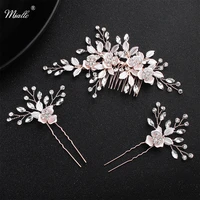 miallo pink flower women hair comb 2pcs hairpins handmade wedding hair accessories crystal bridal hairpieces jewelry