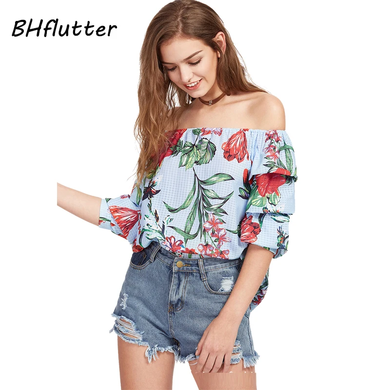 BHflutter С Плеча Блузка Рубашка Женщины Шифон Топы Sexy Slash Шеи Цветочный Принт Летние