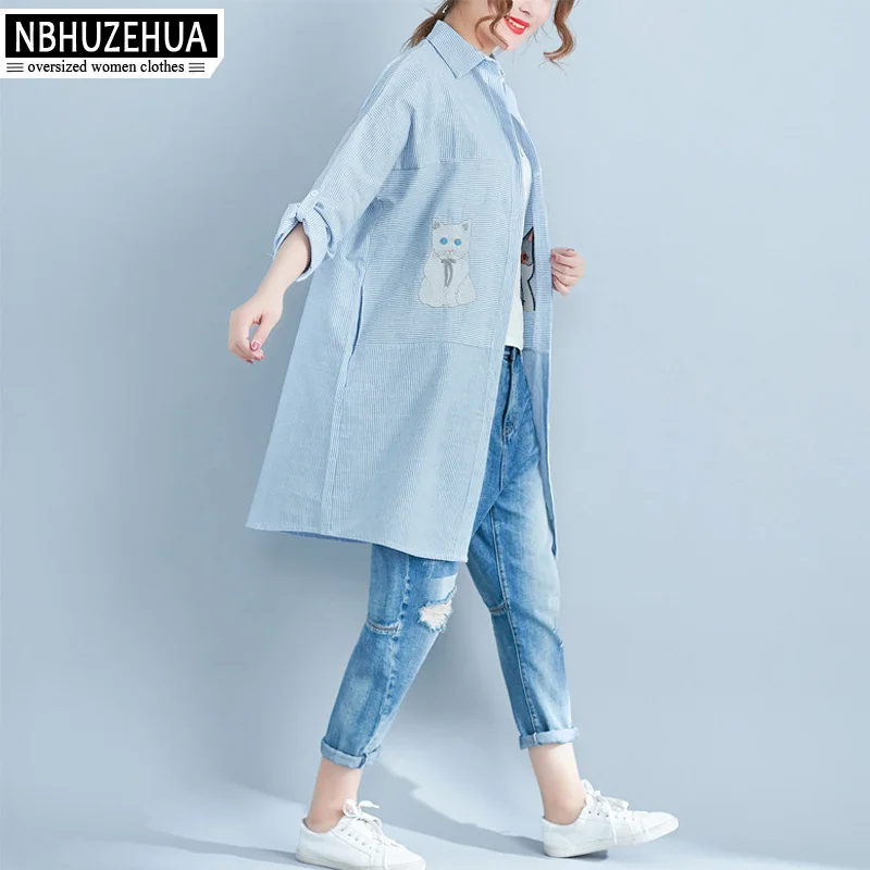 NBHUZEHUA A9 2018 весенние милые женские рубашки с вышивкой кота Большие размеры Длинные