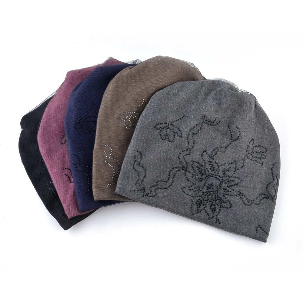Women's Warm Winter Hat Ladies Elegant Beanies With Mesh Fashion Rhinestone Flower Caps Women Streetwear Skullies Bonnet Touca