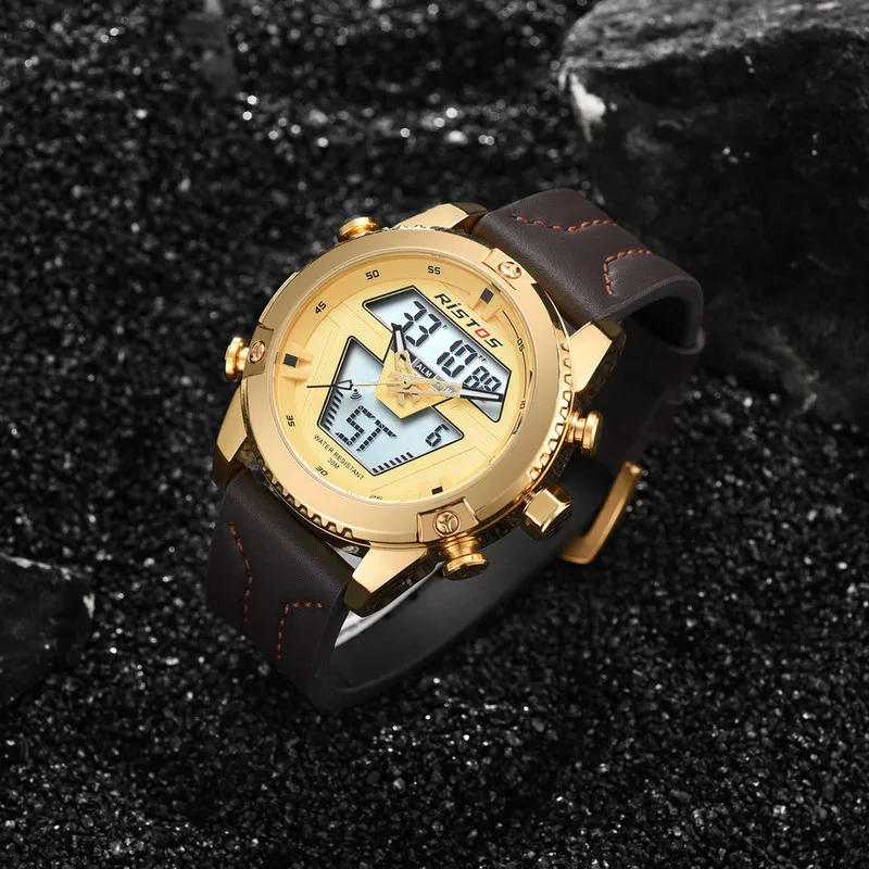 RISTOS Для мужчин часы кожаный Мужчин Кварцевые час Аналоговые светодиодный