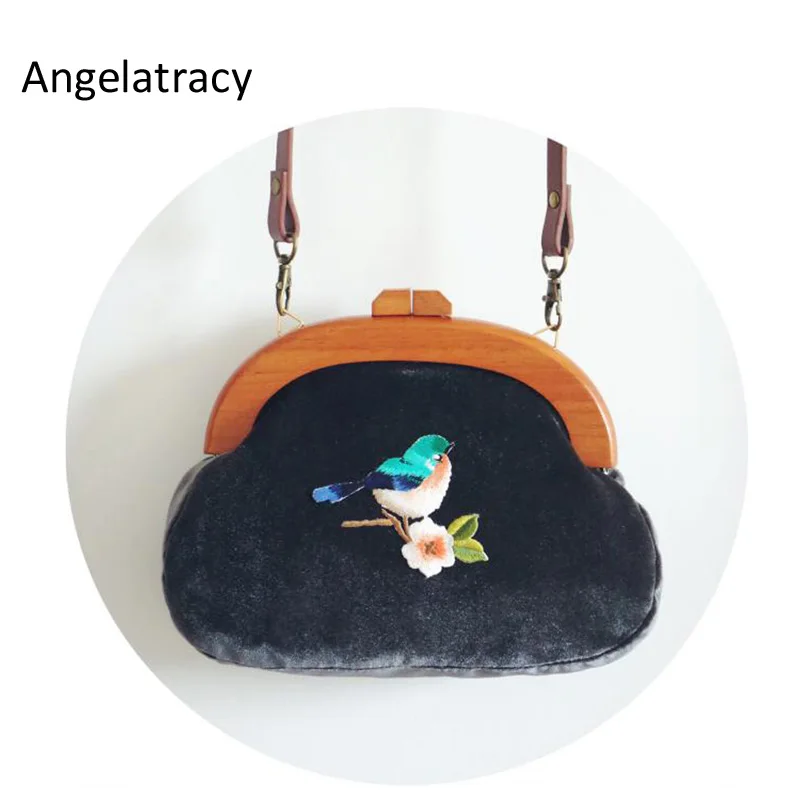 Сумка с вышивкой Angelatracy винтажная велюровая клатч птицей и цветком бархатная