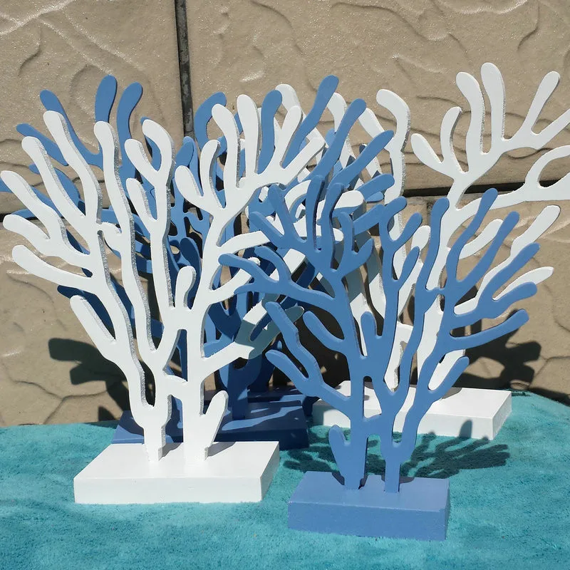 

Mediterranean Style Wooden Coral Three-Piece Set Desktop White Ocean Blue Ornaments Handmade Crafts Home Decorations