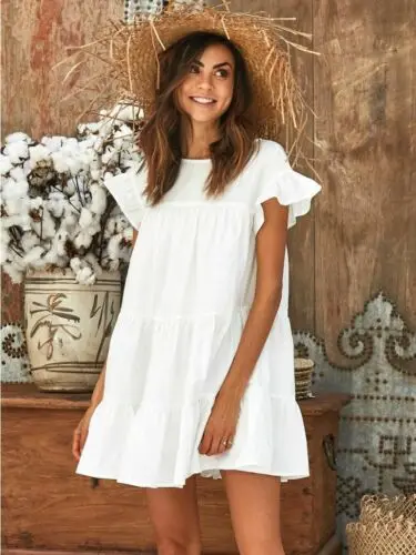 Женское платье с коротким рукавом Boho повседневное летнее мини-платье оборками и
