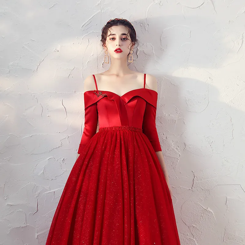 SSYfashion/новое простое красное сатиновое коктейльное платье с вырезом лодочкой, на бретелях, с рукавами 3/4, со шнуровкой сзади, длиной до середины икры, Короткие Официальные Вечерние платья