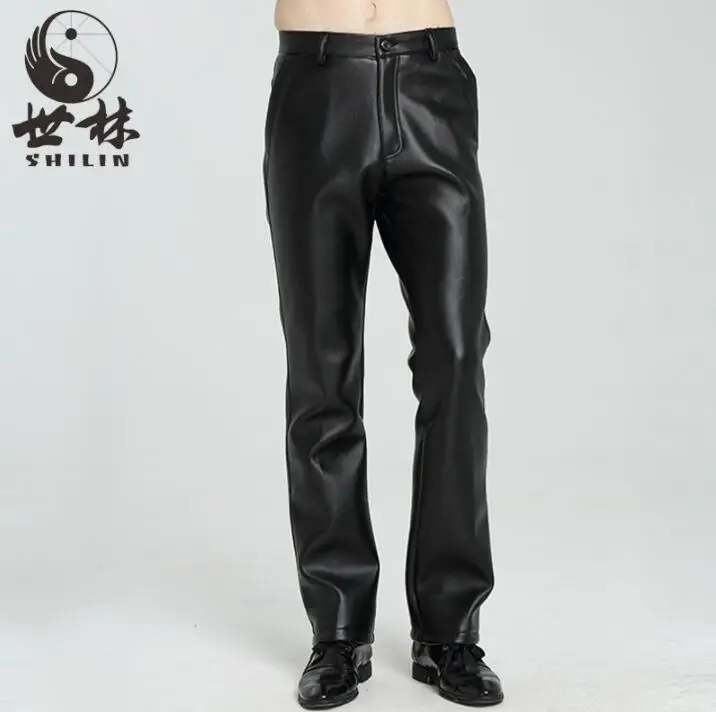 Winter warm personality fashion motorcycle faux leather pants mens feet pants velvet thick waterproof pu trousers for men