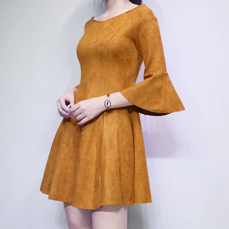 Женское Замшевое платье с рукавами фонариками завышенной талией|sleeve dress|suede dressflare