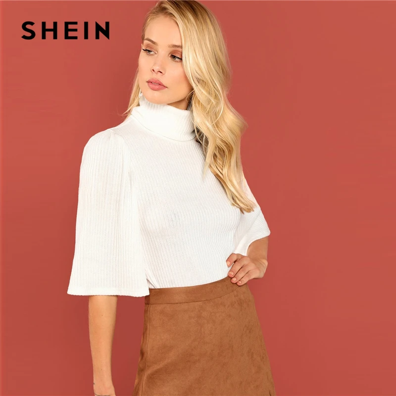 SHEIN Однотонный Топ В Рубчик, Стильная Блуза С Средним Рукавом, Офисная Блуза