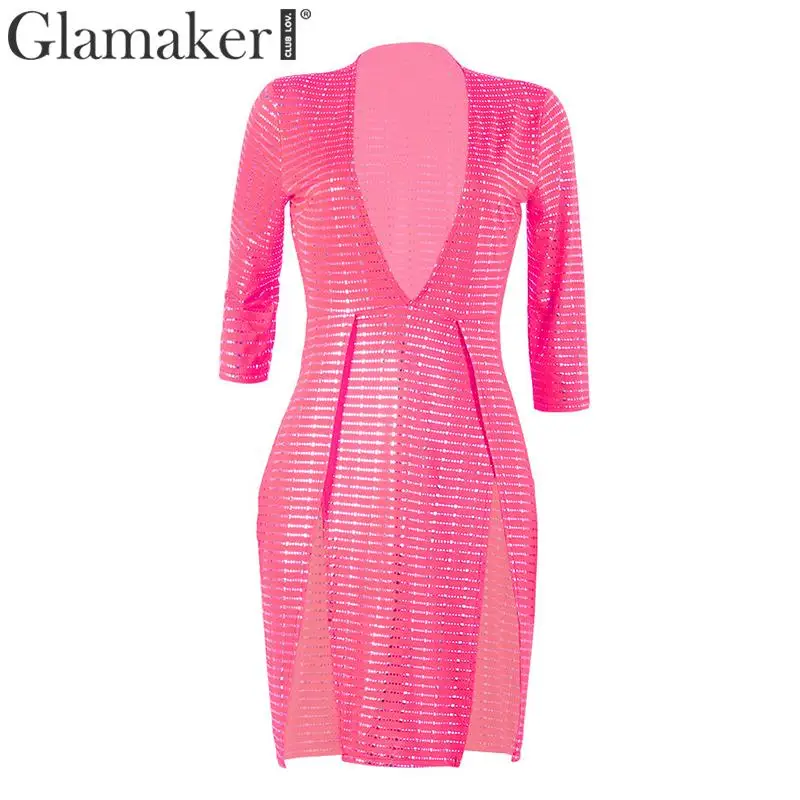 Glamaker Sequin сексуальное асимметричное облегающее платье с v-образным вырезом женское летнее короткое платье с высоким разрезом женское блестящее вечернее платье - Цвет: Rose red