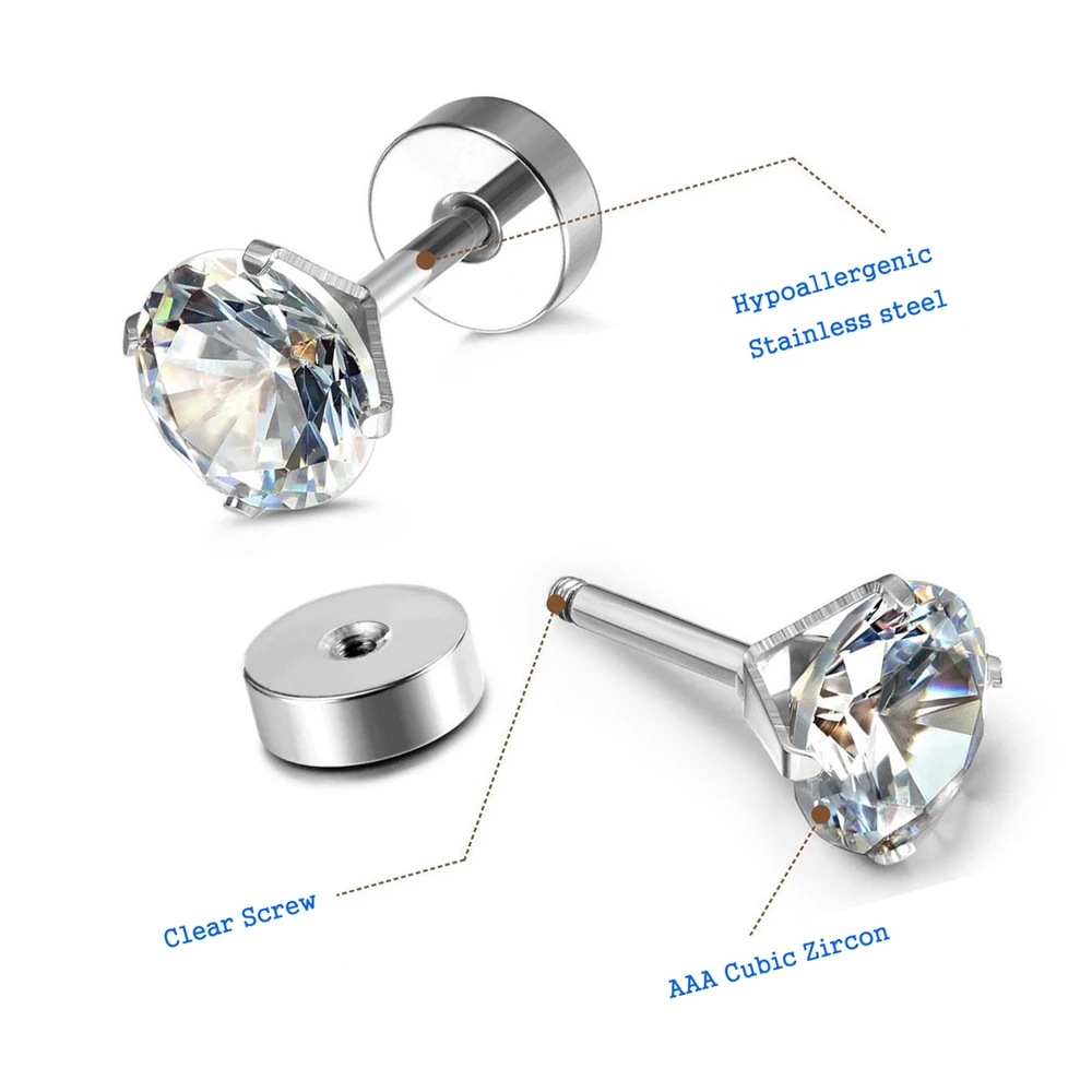 1 Пара Серьги-гвоздики из стали/золотого цвета для женщин/мужчин с фиксацией на зубчиках из циркона, ювелирные изделия из хирургической стали 316L, 3мм-7мм.