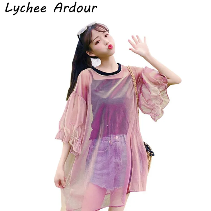 Lychee Ardour Сетчатая футболка с рюшами сексуальная майка Прозрачная Футболка