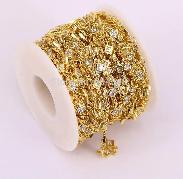 Gold color 1 метр, ZYZ177-9028, модный кубический циркон, граненые бусины в форме ромба, четки, цепочка, металлическая проволока, завернутые звенья, CZ цепи, фурнитура - Цвет: Gold color
