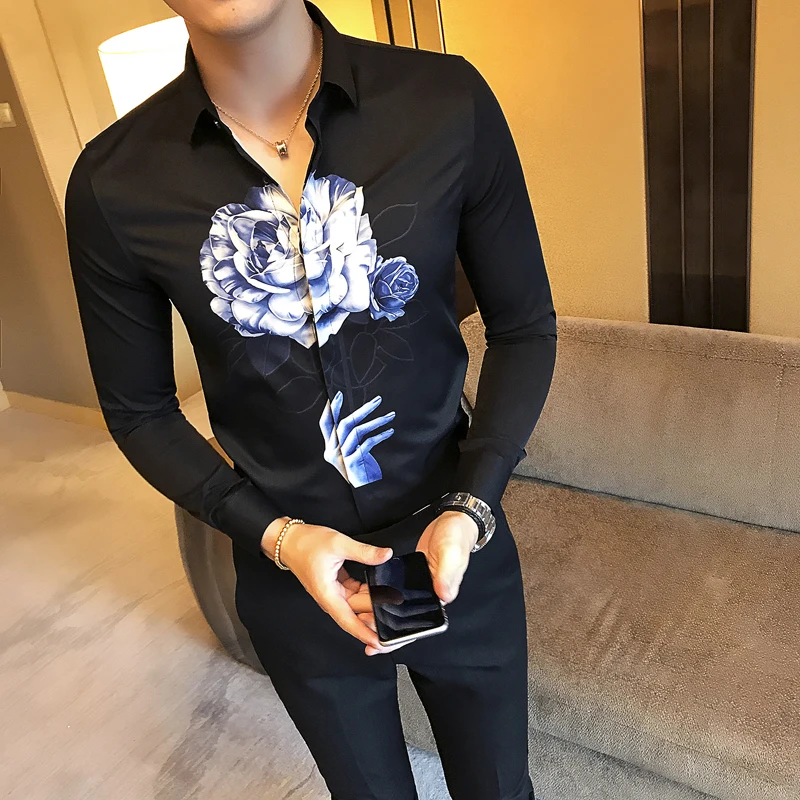High Quality Men Shirt Korean Slim Fit Digital Print Casual Men's Social Shirts Long Sleeve Plus Size Night Club Party | Мужская