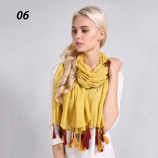 06 Yellow Sparsil женский весенний хлопковый льняной шарф с вышивкой, летний длинный большой шарф с кисточками, мягкий головной платок, хиджаб, летняя пляжная шаль - Цвет: 06 Yellow
