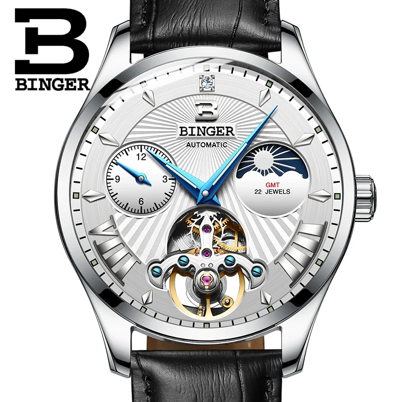 Мужские автоматические часы BINGER Tourbillon модные механические с сапфировым месяцем