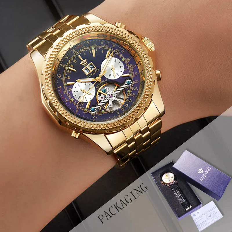 OUYAWEI Авто Дата для мужчин s Tourbillon часы золото Сталь механические Автоматические