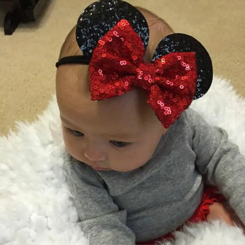 New Baby Nylon Headbands Mouse Ears Headband Hairbands Sequin Bowknot Headwear for Newborn Elastic Hair Accessories | Детская одежда и