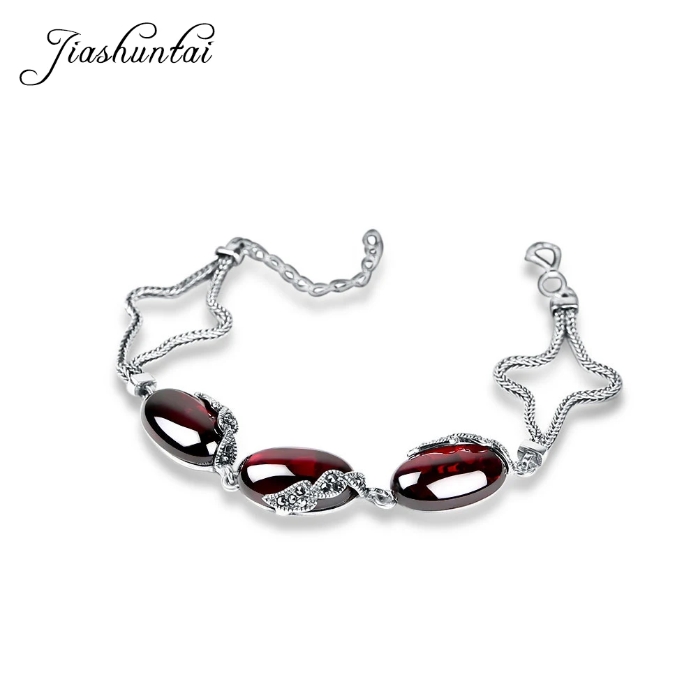

JIASHUNTAI Natural Chalcedony Gemstone Red Garnet Bracelets For Women Bohemian Vintage Style 925 Sterling Silver Fine Jewelry