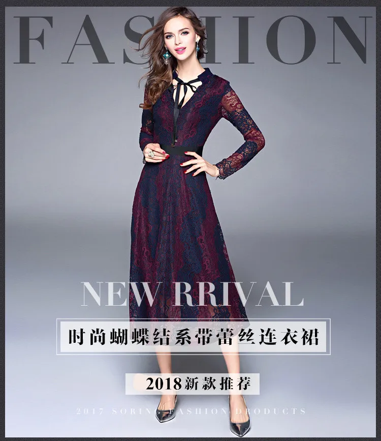 

High Quality Summer Women Elegant Purple Hollow Lace Full Dresses Lady Sashes Bow V Neck Office Lady Dress Retro Vestidos 8878