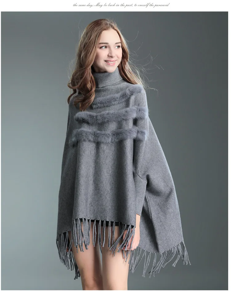 Новинка, пончо, feminino inverno femme, пончо и накидки, пальто с натуральным кроличьим мехом и кисточками, высокий воротник, capa mujer invierno